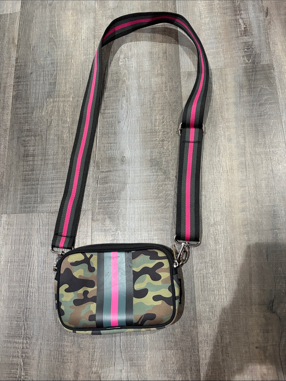 Camo Crossbody Bag with Pink Stripe for Women